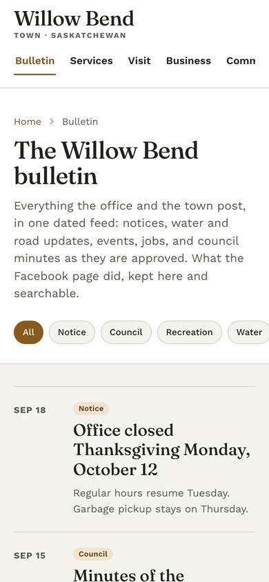 The bulletin page on a phone: dated notices from the office, each with a category, from the office closing for Thanksgiving to hydrant flushing.