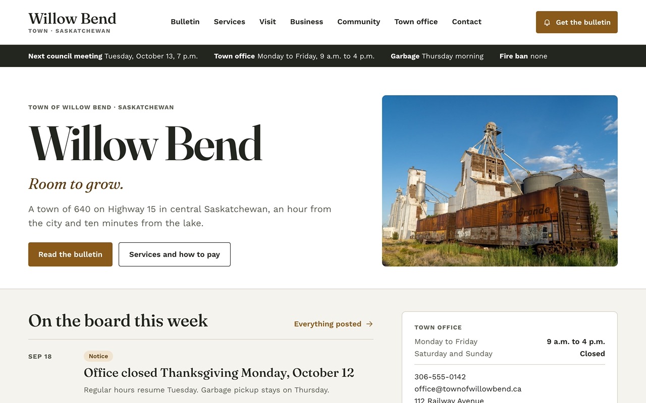The home page of the sample town website for Willow Bend: a dark strip with the next council meeting, office hours, garbage day and fire ban, the town name in large type with the motto Room to grow, and a photograph of the grain elevator at the siding.