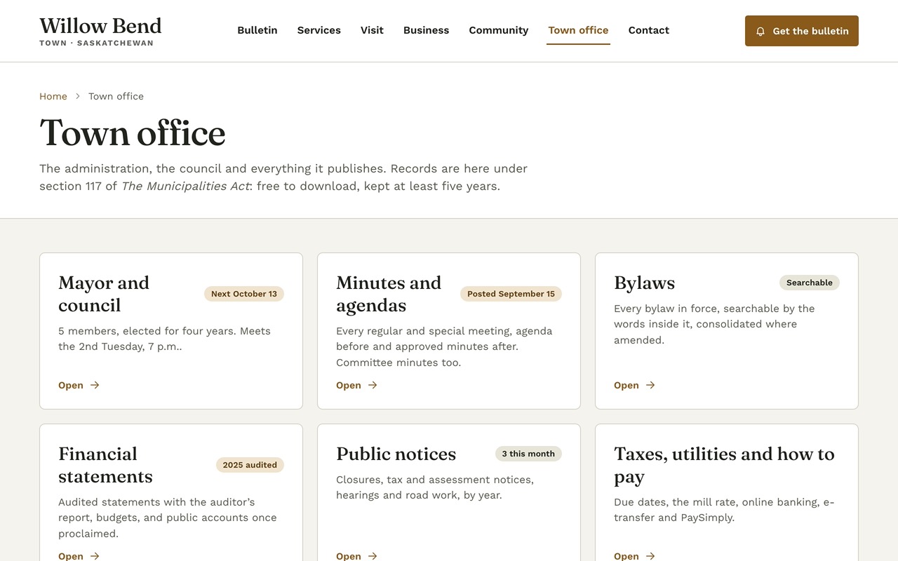 The town office page of the Willow Bend sample site: hours and contact, the next council meeting, and the records section with bylaws, financial statements and public notices.